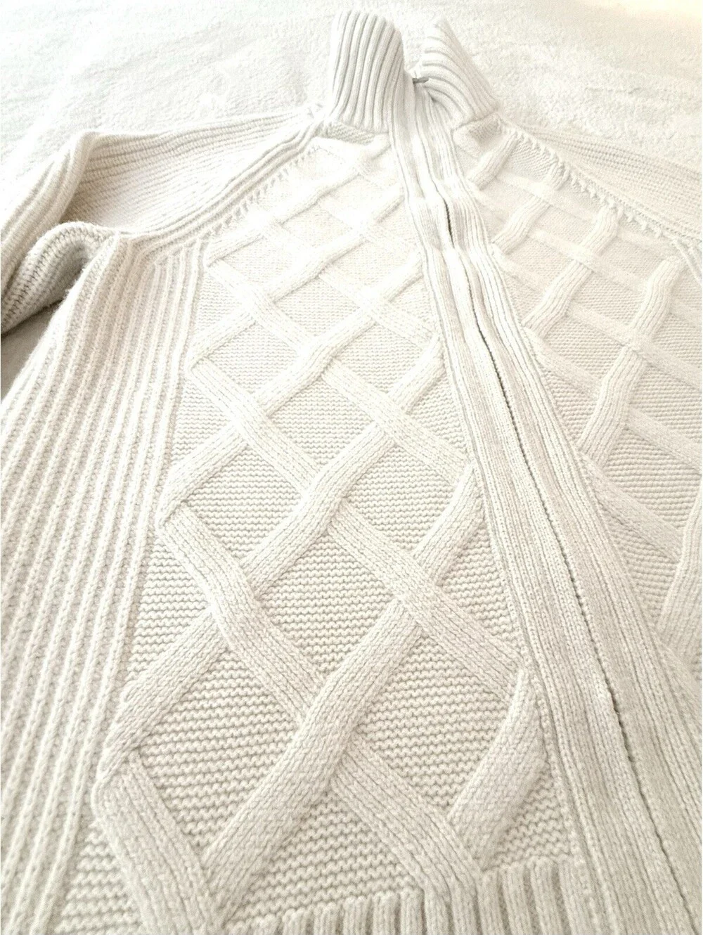 Banana Republic Mens L Merino Wool Blend Cable Knit Full Zip Sweater Ivory
